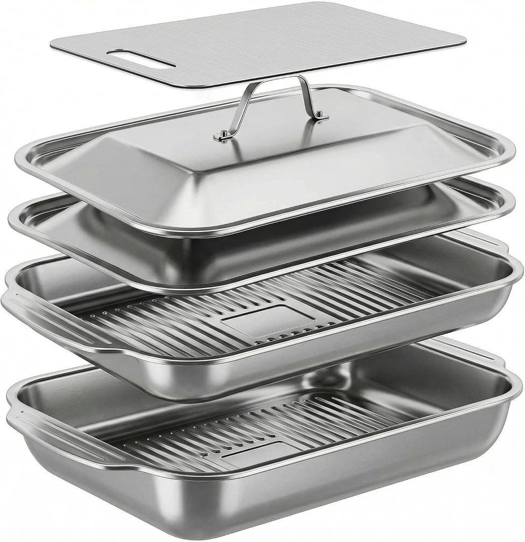 Grilling Prep and Serve Trays,Grill Carry System with Lid and Cutting Board, Stainless Steel Large Capacity Food Prep Trays, Camping Gifts for Men, Marinade Container for Outdoor BBQ Grill Accessories