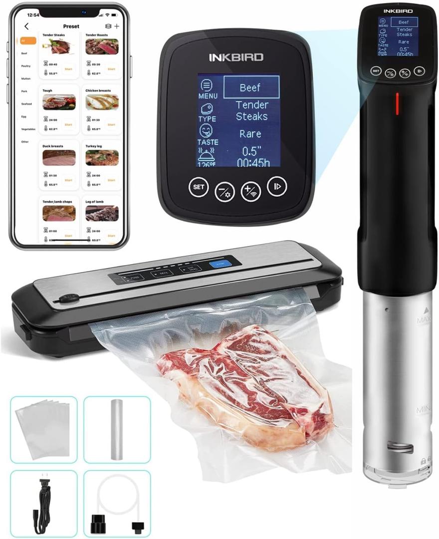 INKBIRD WIFI Sous Vide Cooker ISV-100W Bundle with INK-VS01 Vacuum Sealer Machine | 1000W Sous-Vide Cooker Immersion Circulator with 14 Preset Recipes on APP and Thermal Immersion with Timer