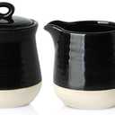 Hasense Sugar and Creamer Set, 3 Piece Porcelain Coffee Serving Set with Cream Pitcher, Sugar Bowl, Lid & Spoon, 10 Ounce Creamer Container and Sugar Pot, Farmhouse Decor (Black)