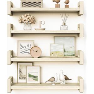 Vailando Set of 4 Natural Poplar Floating Shelves with Natural Grain - Wall Shelves for Living Room, Bedroom, Kitchen - Strong Load Capacity Holds 50lbs/Shelf - 16 Inch