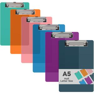 6 x 9 Small Clipboard Set of 6, A5 Plastic Mini Colored Clip Boards with Low Profile Clip, Half-Letter Size for Classroom, Teacher, Students, School & Office Supplies (Teal/Purple/Blue/Pink/Orange/Green)