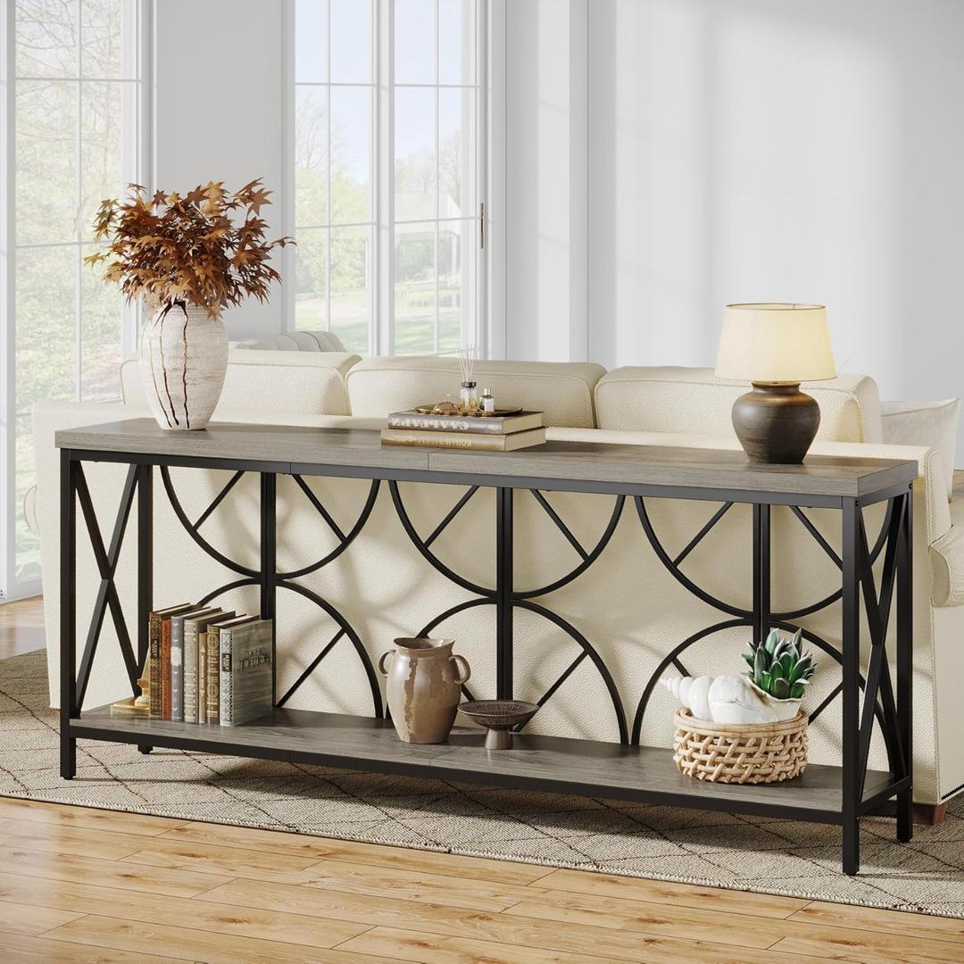 70.9-Inch Extra Long Sofa Table, Narrow Console Table Behind Couch with Storage for Entryway, Living Room, Entrance, Hallway, Foyer, Unique Geometric (Grey)
