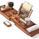 XcE Bamboo Bathtub Caddy Tray - Expandable to 41 Inches with Book Stand, Soap Holder & Anti-Slip Pads for Luxury Bath Spa, Brown