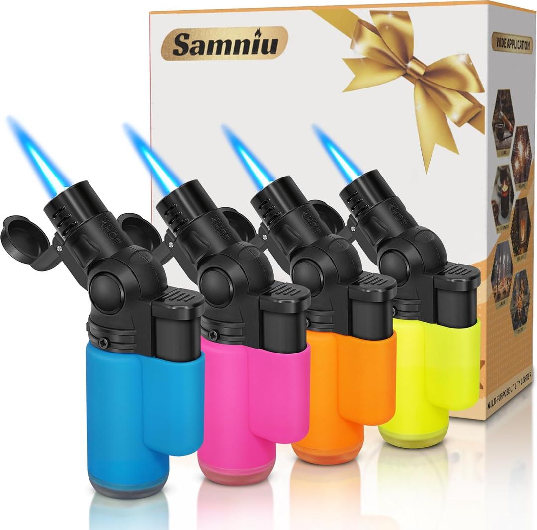 SAMNIU Pack of 4 Torch Lighter, Mini Jet Flame Butane Lighters, Multi-Purpose, 45 Rotatable for Campfires, Candle, Fireplaces, Christmas Party Favors (Gas not Included) (Sn605)