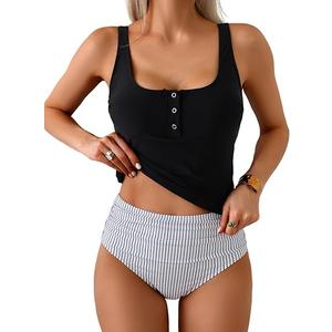B2prity Women's Athletic Tankini Swimsuits Two Piece Adjustable Button-Up Bathing Suit Full Coverage High Waisted Swimwear, XL, Black, Stripe