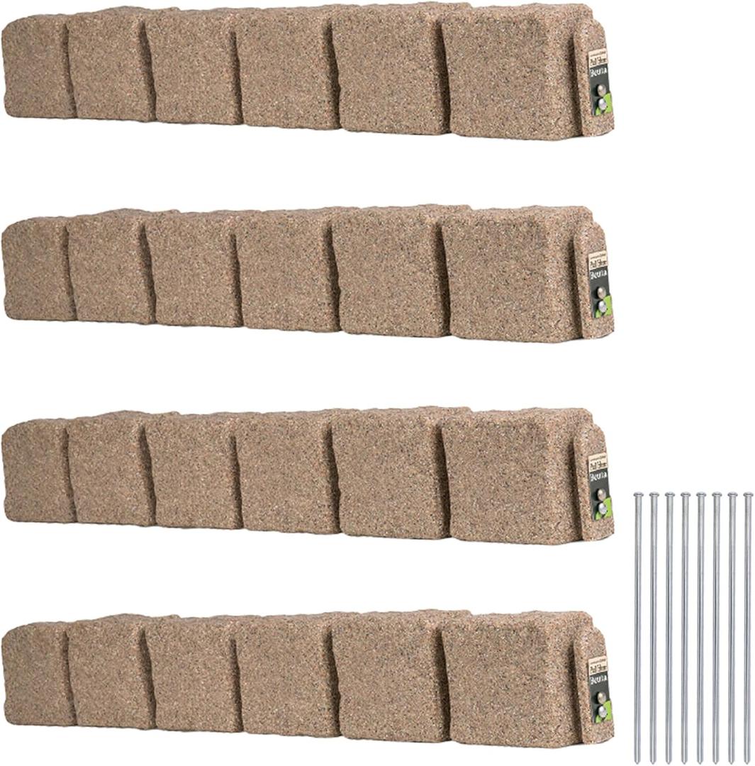 Beuta Landscape Edging | Garden Edging Border | Faux Stone Blocks for Lawn Edging, Flower Beds & Yard Edging 4 Pack | Each Section Has 6 Blocks 48" L x 4" W x 6.5" H | 8 Spikes | Sandstone