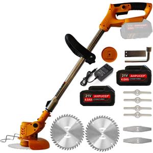 Brush Cutter Weed Wacker Battery Powered with 2Pcs 4Ah Battery,Electric Brush Cutter Cordless Weed Eater with 9Blades,Weed Trimmer for Lawn,Garden,Yard,Bush Trimming&Pruning,Lightweight