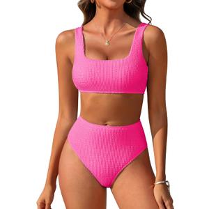 ANRABESS Women Swimsuits Two Piece Bikini Set High Waisted Ribbed Tummy Control Modest Bathing Suits 2025 Beach Swim Wear (Medium, Hot Pink) ANRABESS Women Swimsuits Two Piece Bikini Set High Waisted Ribbed Tummy Control Modest Bathing Suits 2025 Beach Swim Wear (Medium, Hot Pink)