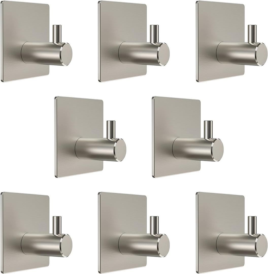 Brushed Nickel Self Adhesive Towel Hooks for Bathroom Wall Door Mounted - SUS304 Stainless Steel Strong Strips Stick on 3M Wall Hooks for Hanging Coat, Hat, Bag, Key, Jacket  8 Pack