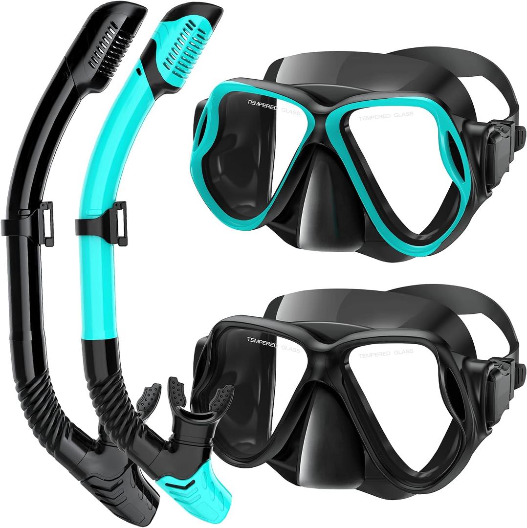 Snorkeling Gear for Adults, Dry-Top Snorkel Set Scuba Diving Mask, 180° Panoramic Wide View Professional Snorkeling Gear, Adult Swimming Goggles with Nose Cover, Breathing Freely Snorkel Mask,  Black & Green