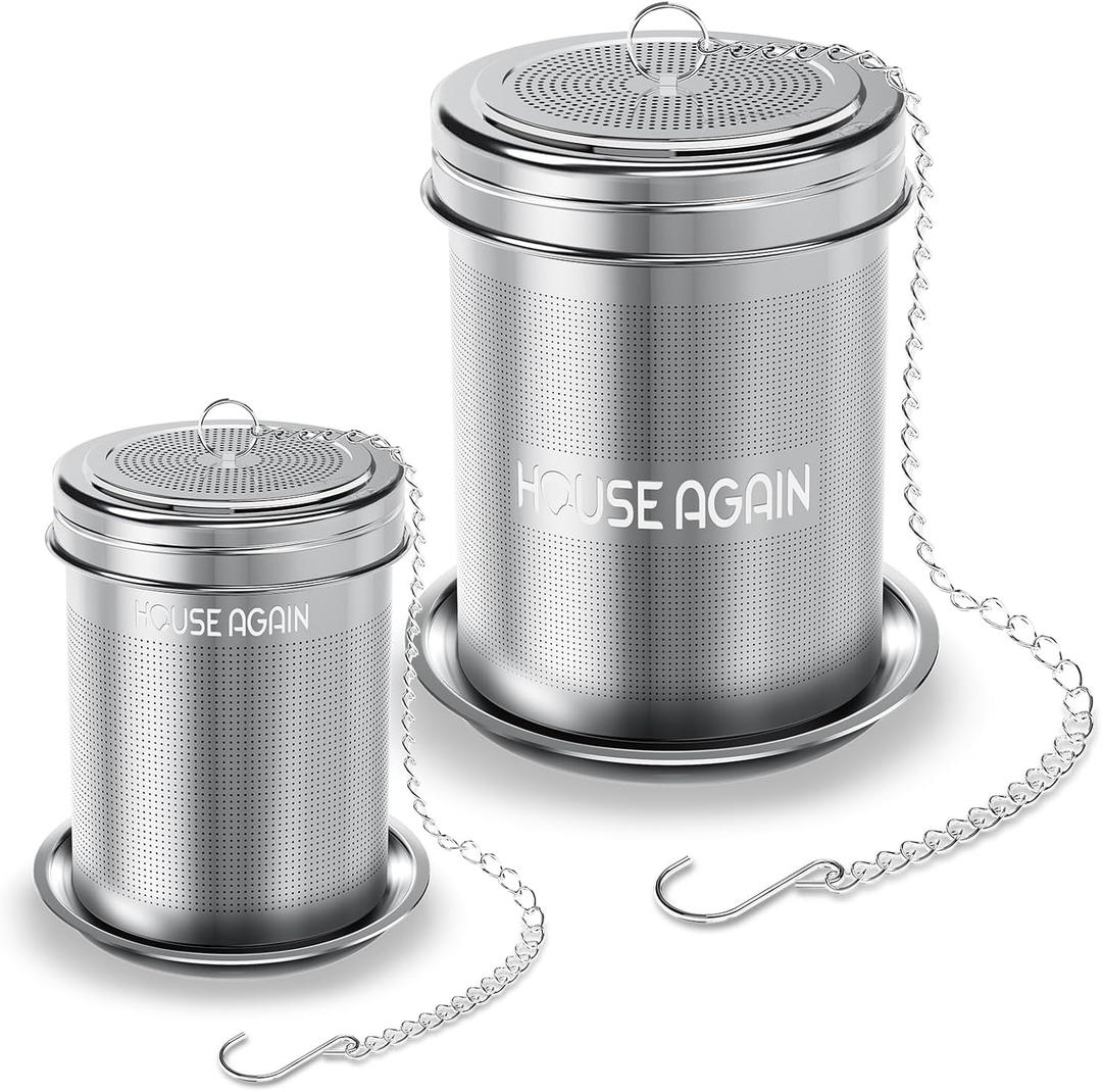 House Again Tea Infuser (2 Pack, Large + Small), Extra Fine Mesh Tea Strainers for Loose Tea, 18/8 Stainless Steel Tea Strainer with Extended Chain Hook, Tea Steeper