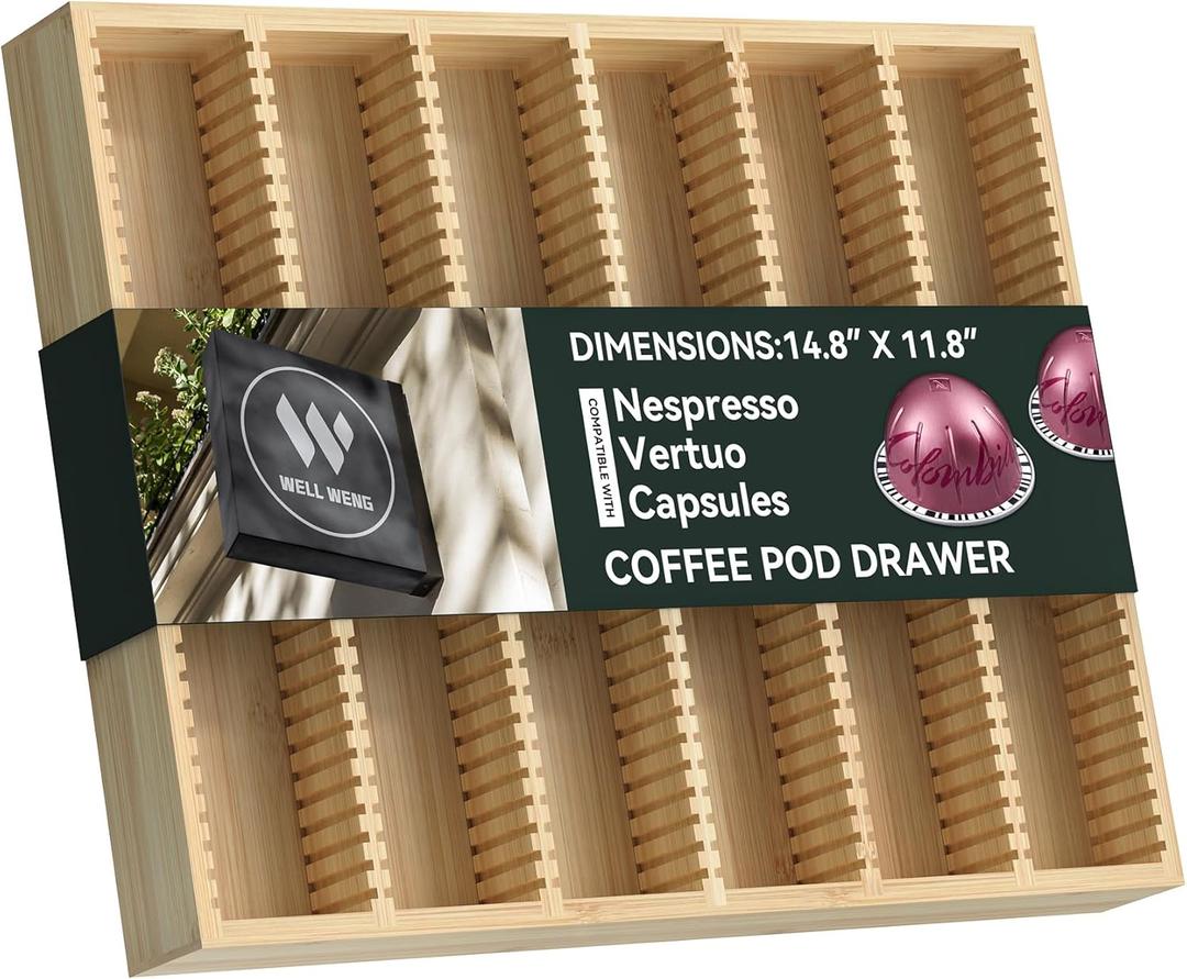 WELL WENG for Nespresso Vertuo Capsules - Premium Bamboo Coffee Pod Drawer Insert Organizer for Counter (48 Big or 60 Small Pods)-14.84" Wx11.81" Dx1.54" H