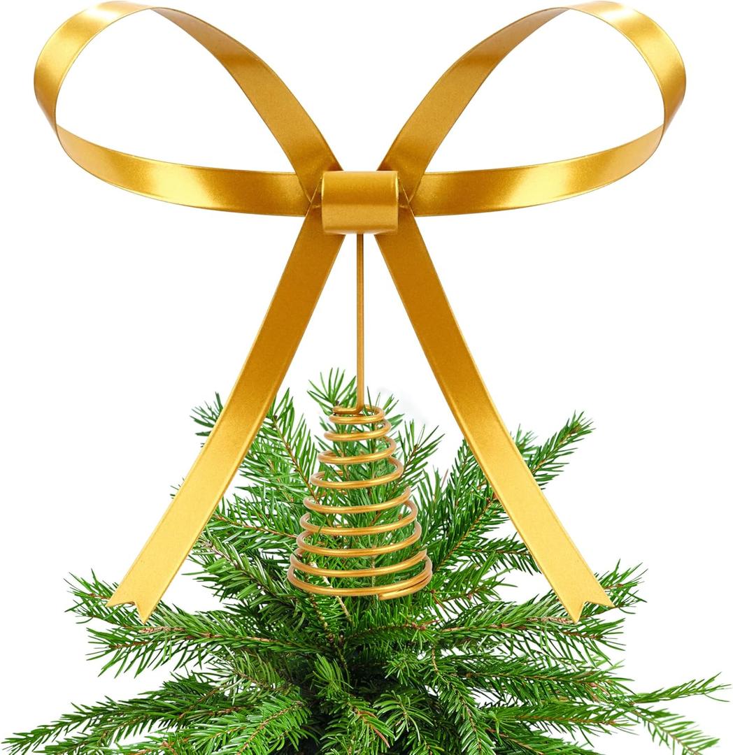 Metal Christmas Bow Tree Topper, Christmas Gold Bow Ornament Decorations for Xmas Tree Topper Garland Wreath Indoor Outdoor Decor, 9.5 x 8.7''