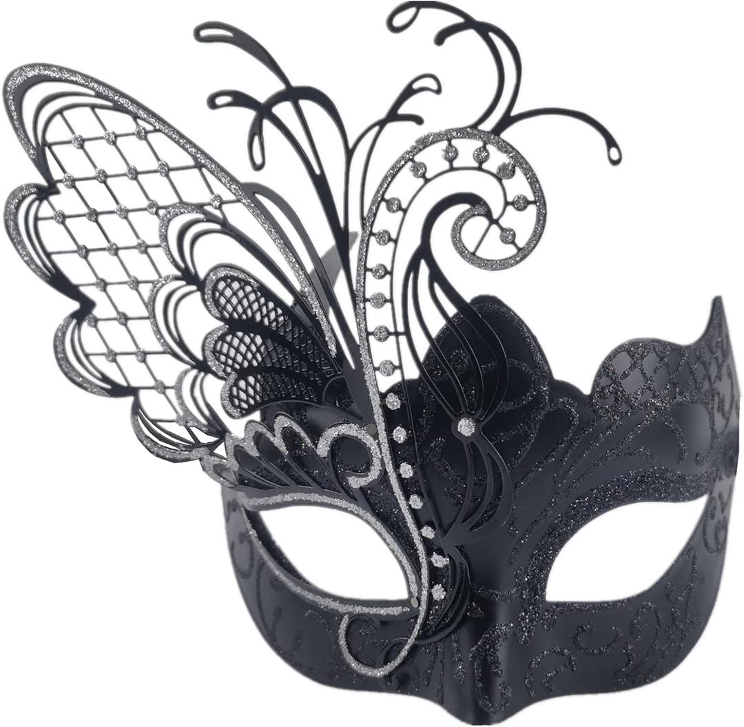 Ubauta Various Butterfly Rhinestone Metal Venetian Women Mask for Masquerade/Mardi Gras Party/Sexy Costume Ball/Wedding (Black With Silver Sequins)