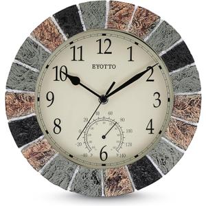 eYotto 10 Inch Small Indoor/Outdoor Waterproof Wall Clock with Thermometer Silent Non-Ticking Battery Operated Wall Clocks Weatherproof for Patio, Pool, Garden, Lanai, Fence, Porch, Deck, Bathroom
