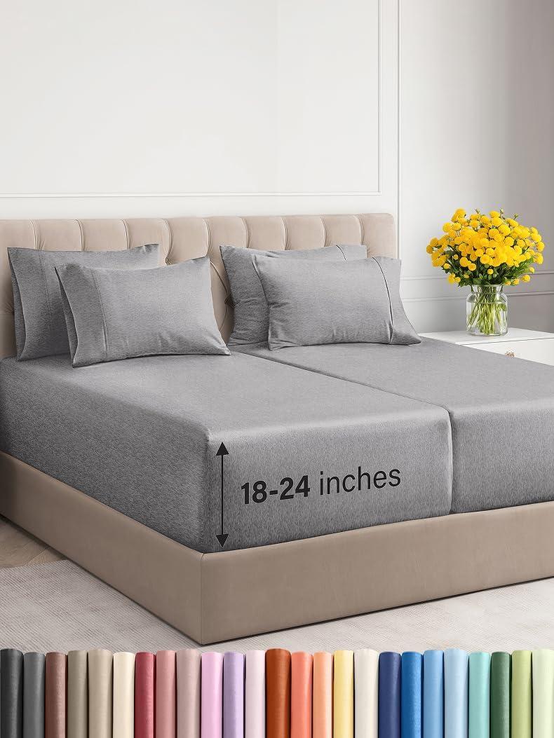 Extra Deep Split King Sheet Set - 7 Piece Breathable & Cooling Sheets - Hotel Luxury Bedding Set 18-24 Inch Extra Deep Pockets - Easy Fit, Soft, Wrinkle Free & Comfy - Heathered Grey, Split King Size