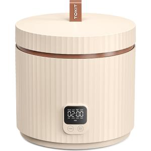 TOKIT Rice Cooker Small 3 Cup Uncooked /6 Cup Cooked, Modern Multifunctional Mini Rice Cooker with Display Touch Button for 1-3 People Ceramic Coated Non-Stick Pot 8 Cook Functions - Cooking & Warmer (Beige)