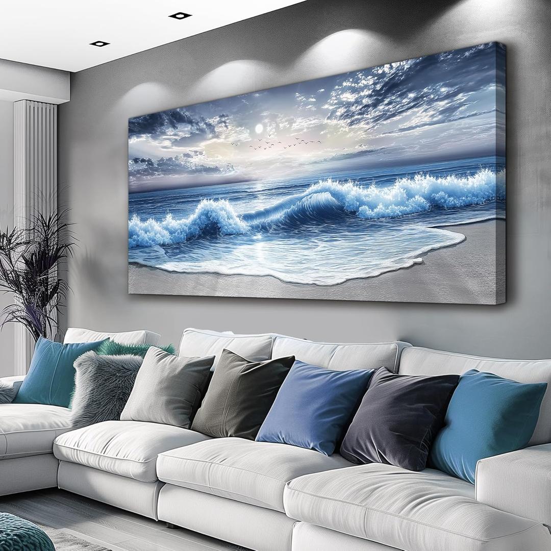 VXMXFTE Wall Decoration For Bedroom Large Natural Scenery Canvas Painting Wall Art For Living Room Dining Room Blue Ocean Wave Painting Printed Artworks Suitable Offices Corridor Home Decor 24x48In