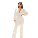 Long Sleeve Women Jumpsuit Deep V-neck Long Leg Pant Bling Shiny Sequin Party Romper S