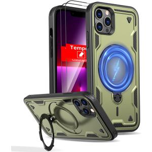 for iPhone 12 Pro Max Case Magnetic Compatible with MagSafe,with 2 Tempered Glass Screen Protectors,Built-in Kickstand Ring,Phone Heavy Duty Protection Military Grade Shockproof Rugged Green