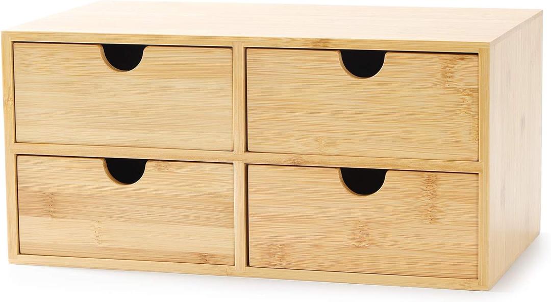 Wisuce Bamboo Desk Drawer Organizer, Desktop Organizer with Drawers Tabletop Storage Organization Box for Office Home Toiletries Supplies Vanity, No Assembly Required(4 Drawes)