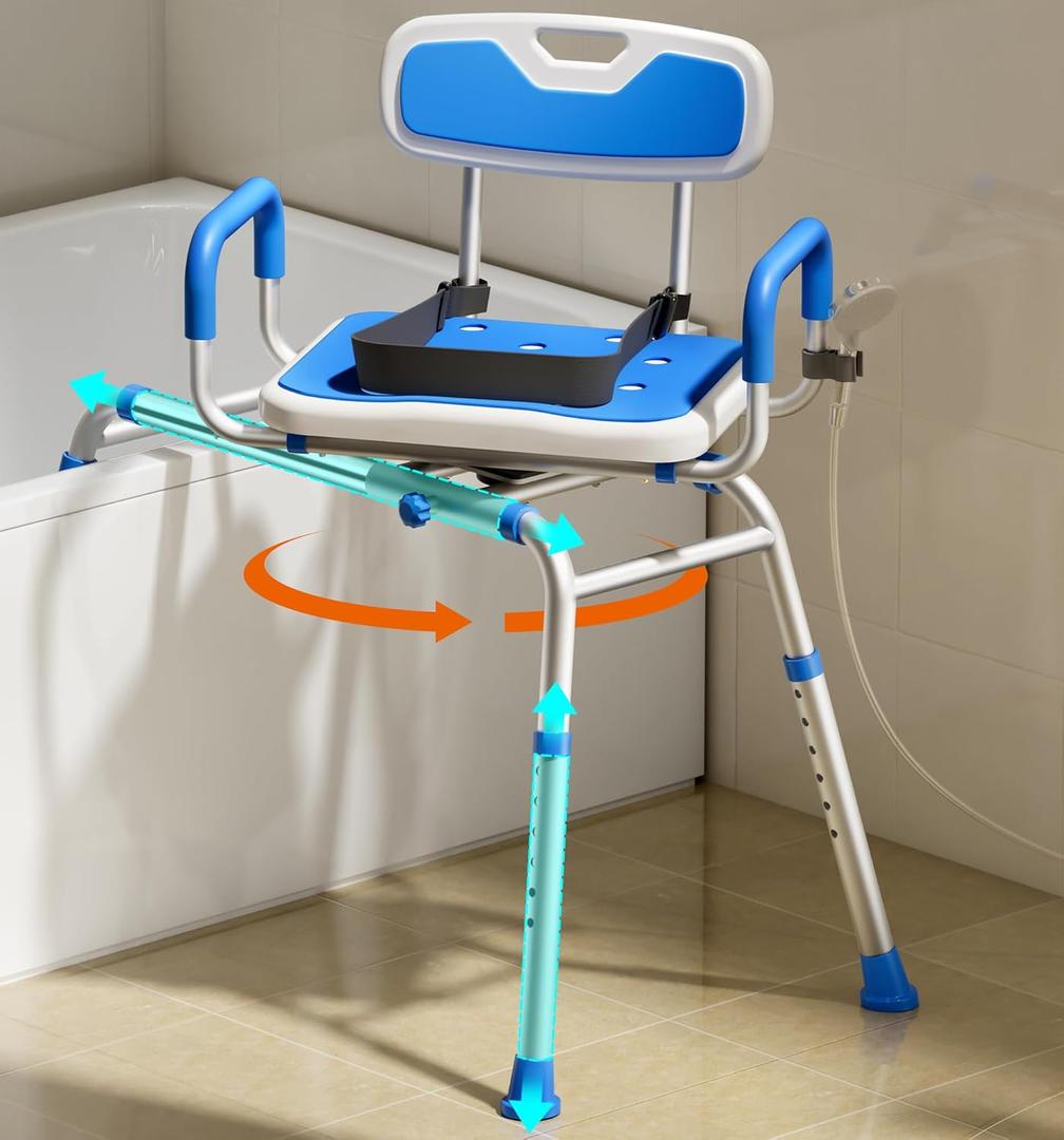 FSA/HSA Eligible Sliding Shower Chair with Padded 360 Swivel Seat, 330lbs Tub Transfer Bench, Non-Slip Arms, Safety Belt, Adjustable Height for Elderly & Disabled Inside Shower