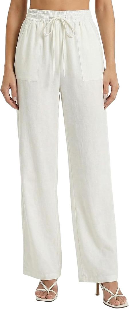 Cotton Linen Palazzo Pants for Women Summer Boho Casual Wide Leg Trousers Drawstring Work Lounge Pant Beach Vacation White | High Waist, Drawstring Elastic Waist, Palazzo Pants, Lightweight Lounge, Work Lounge Pant Beach Vacation (White, L)