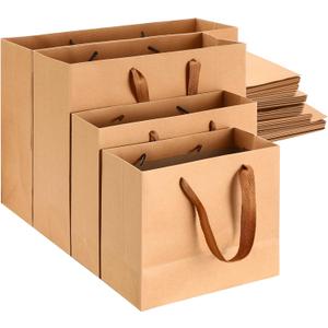 PerKoop 40 Pack Kraft Christmas Gift Bags Handled Paper 4 Sizes Goodie with Handles Gift Wrap Dessert Shopping Bags for Business Party Favors(Horizontal,Brown)