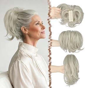 FESHFEN Claw Clip Short Ponytail Extensions - DIY Bendable Metals Fluffy Messy Bun Hair Piece Straight Synthetic Hairpieces Ponytail Extension for Women, White Grey