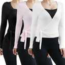 3 Pack Women Ballet Pilates Wrap Tops Y2K Workout Yoga Wrap Shirts Dance Long Sleeve Tie Front Crop Going Out Tops, Small, Black, Pink, White)
