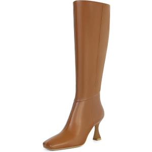 Dsevht Black Leather Knee High Boots for Women Stiletto Kitten Heeled Sexy Boots Square Toe and Side Zipper Design Fashion Dress Boots (10, Brown)
