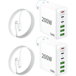2 Pack USB C Charger Block, 200W GaN Super Fast Charger Type C iPhone 17 16 Fast Charging 6 Port Foldable PD Charging Station for All iPhone/Android Phone Samsung Galaxy S25/S24/MacBook iPad