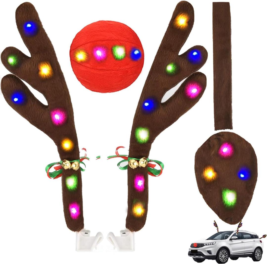 Christmas Rudolph Reindeer Vehicle Kit,Antlers Car & Nose Decorations, Decor with Jingle Bells and Tail for Truck,Decorate Any Vehicle.