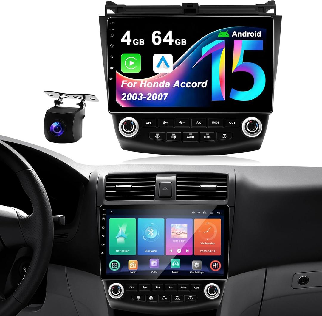 4G 64G Car Radio for Honda Accord 7th 2003-2007: Upgrade Android 15 10.1" 1280*720 Touchscreen Stereo Wireless CarPlay & Android Auto, Bluetooth 5.4, WiFi 6, GPS, FM, RDS, EQ, SWC, 1080P Backup Camera