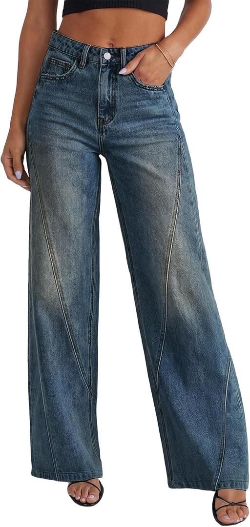 Womens Wide Leg Jeans Mid High Waisted Baggy Straight Leg Stretchy Denim Pants Seamed Long Trousers (Blue)