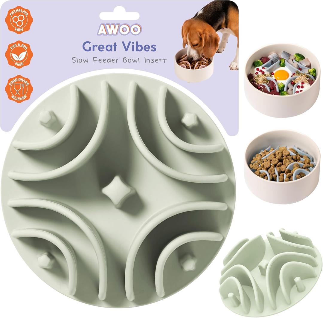 Awoo Great Vibes - Silicone Slow Feeder for Dog Bowls Over 5.5 Inches - Non-Slip, Wet and Dry Food-Compatible Pet Dish with Suction Cups - Extends Mealtime for Fast Eaters - Dishwasher Safe (Sage)