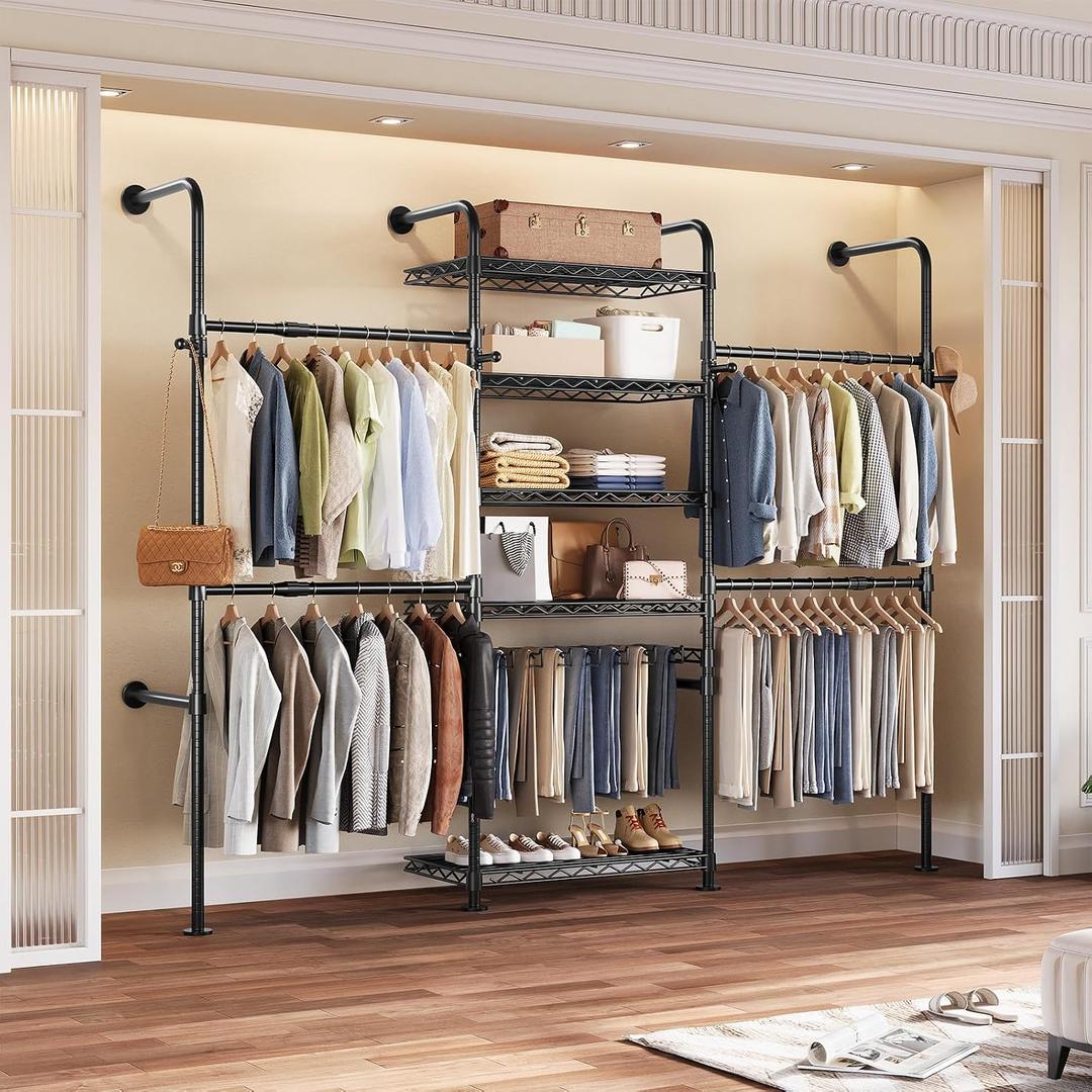 Closet Organizers Wall Mounted Closet System, 3-Row Heavy Duty Garment Clothes Rack, Industrial Pipe Clothing Rack with 4 Telescopic Rods, 4 Hooks, 5 Shelves & 1 Pants Hanger for Bedroom Wardrobe
