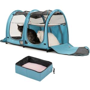 Mispace Portable Twin Compartment Show House Cat Cage/Condo - Easy to Fold & Carry Kennel - Comfy Puppy Home & Dog Travel Crate with Portable Carry Bag/Two Hammocks/Mats and Collapsible Litter Box (Blue)