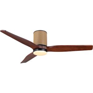 52" Ceiling Fan with Light - Low Profile Flush Mount Ceiling Fan, 6-Speed Remote Control, Solid Wood, Quiet Reversible DC Motor,Walnut/Black Finish, for Bedroom, Living Room, Porch