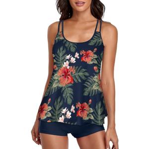 Urchics 2026 Women Two Piece Tankini Swimsuit Tummy Control Plus Size Long Torso Top and High Waisted Boyshorts Bathing Suits (Medium, 01-tropical Navy)