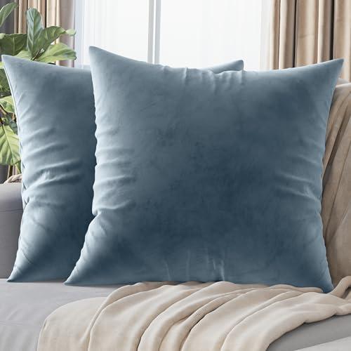 NEATERIZE Premium Velvet Pillow Covers 24x24 Dusty Blue - Washable Decorative Fabric Throw Pillow Covers for Couch or Bed - Set of 2