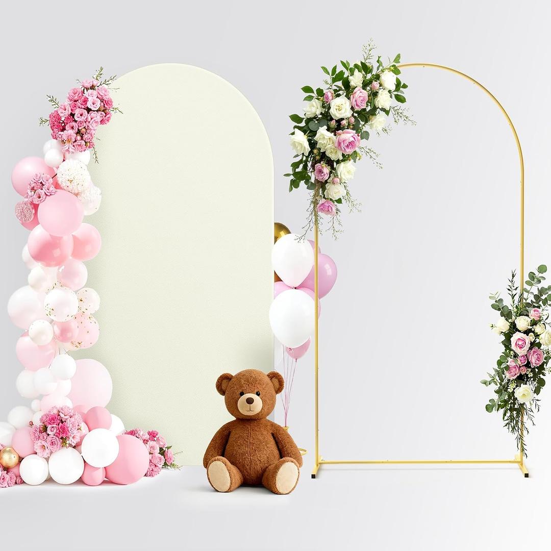 Pureegg Arch Backdrop Stand and Cover Set - 7.2FT Gold Metal Frame with Beige Fabric Cover, Easy-to-Assemble Wedding Arch Stand for Parties and Celebrations