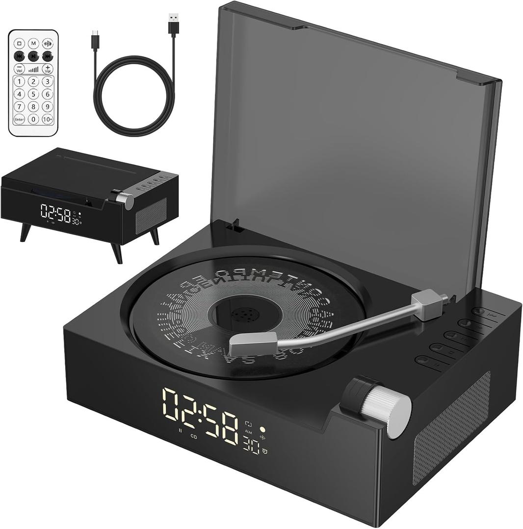 CD Player Portable with Bluetooth, Rechargeable CD Players Retro Suitcase CD Music Player with HiFi Speakers Desktop CD Player for Home Car Study Travel (Black)