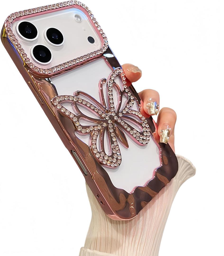 for iPhone 17 Pro Max Case Cute Butterfly Hollow Back Plating TPU Bumper Design,Luxury Bling Diamond Glitter Girly Phone Case for iPhone 17 Pro Max for Women Girls Pink