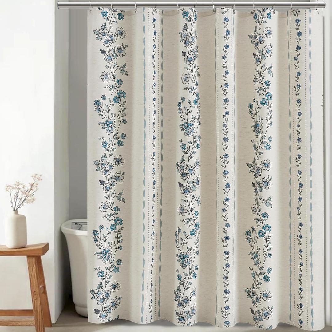 ORTIGIA Blue Shower Curtains for Bathroom Modern Farmhouse Linen Shower Curtain Set with Metal Hooks Floral Waterproof Vintage Rustic Fabric Bath Curtain for Home, Weighted, 72x72