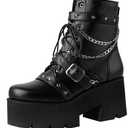 LUXMAX Women Buckle Goth Chunky Platform Ankle Boots Lace Up High Heel Motorcycle Boots with Chain (13, Black)