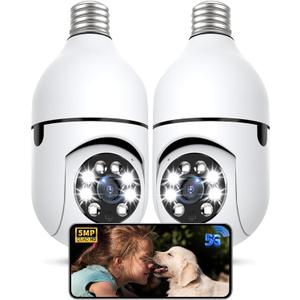 Light Bulb Security Camera 2 Packs, 5G&2.4GHz 5MP Security Cameras Wireless Outdoor 360 PTZ Cameras for Home Security with Color Night Vision, 2 Way Talk, AI Human Detection, Screw in Light Socket (White)
