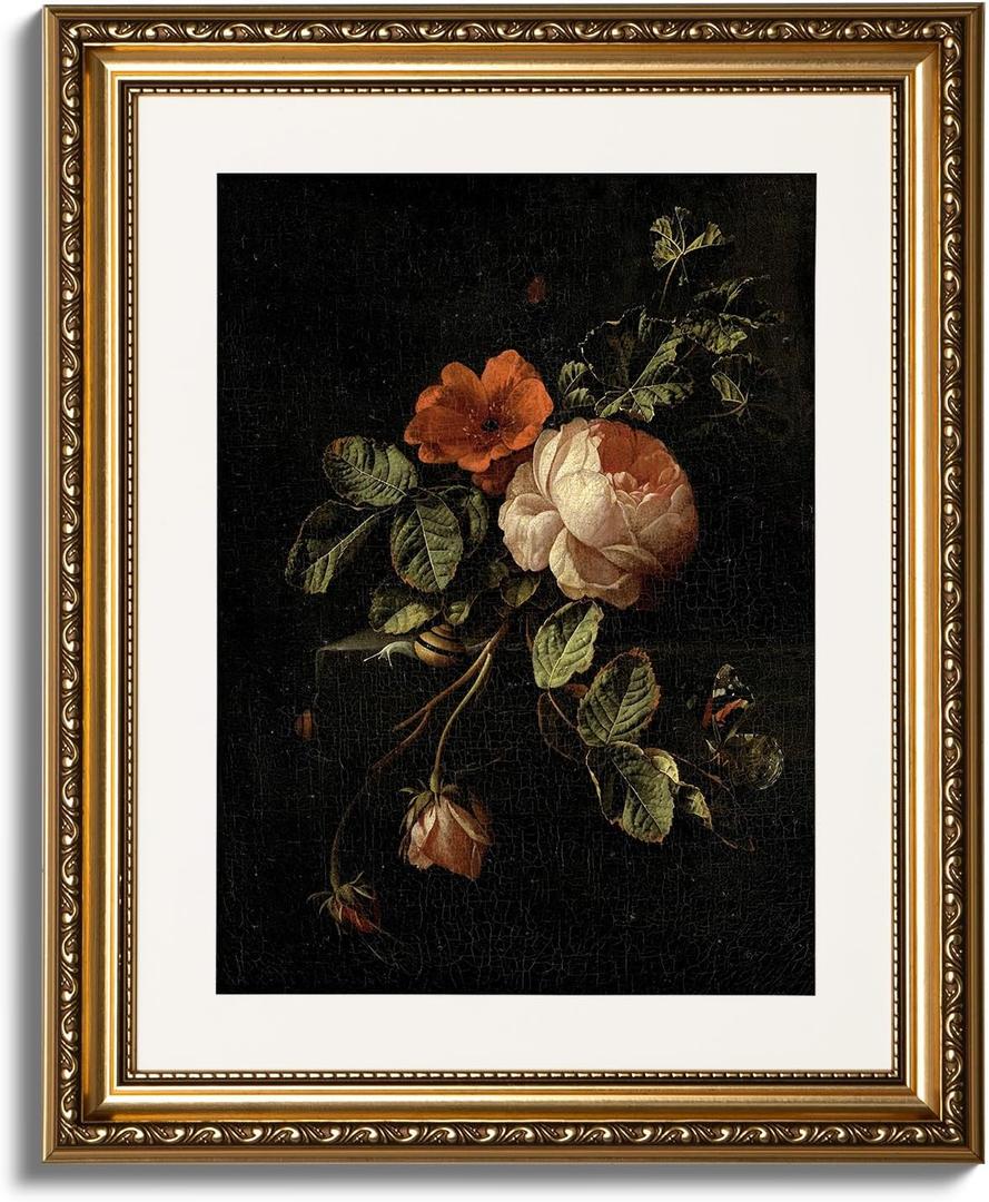 ARPEOTCY Vintage Gold Framed Wall Art, 13x16 Inch Floral Rose Retro Picture Paintings, Antique Canvas Artwork, Victorian Picture Photo Frame Wall Decor for Gallery Bathroom Bedroom