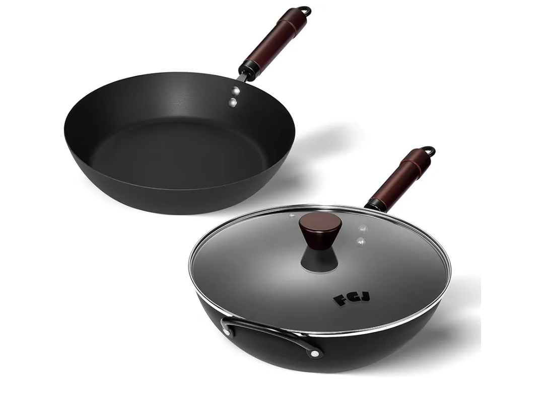 FGJ 13 Inch Wok with Lid and 12 Inch Sikllet, Cookware Set, Carbon Steel Woks &Stir-fry Pans Nonstick and Frying Pan, Pre-Seasoned 5.8QT Flat Bottom Chinese Paella Pan, Compatible with All Cooktops