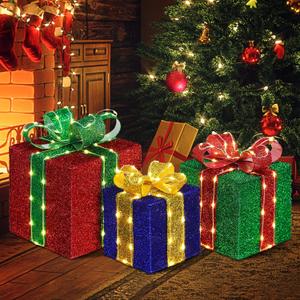 DomKom Set of 3 Christmas Lighted Gift Boxes, 160 Led Light Up Present Decorations, Metal Frame Gift Box with Lighted Bowknot for Xmas Tree Indoor Outdoor Yard Holiday Decor